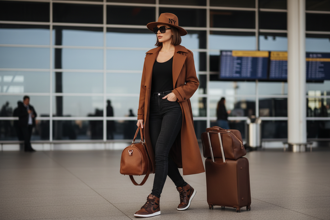 une femme classe en tenue de voyage, jeans noir, singlee noir, mentaux chocolat, soulier air jordan couleur chocolat et noir, portant un chapeaux chocolat ecrit NY dessu